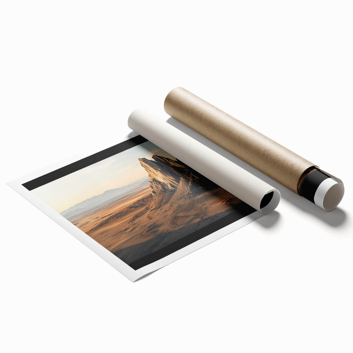 Desert landscape rolled print showcasing vibrant orange and golden hues, capturing the serene beauty of arid terrain, neatly packaged in a protective cardboard tube.