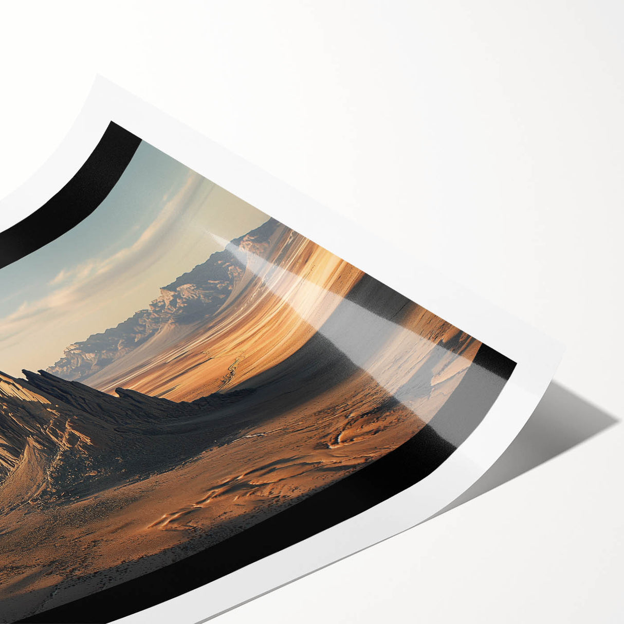 Desert landscape rolled print showcasing vibrant hues of orange and red with textured details, elegantly packaged in a protective cardboard tube for shipping.