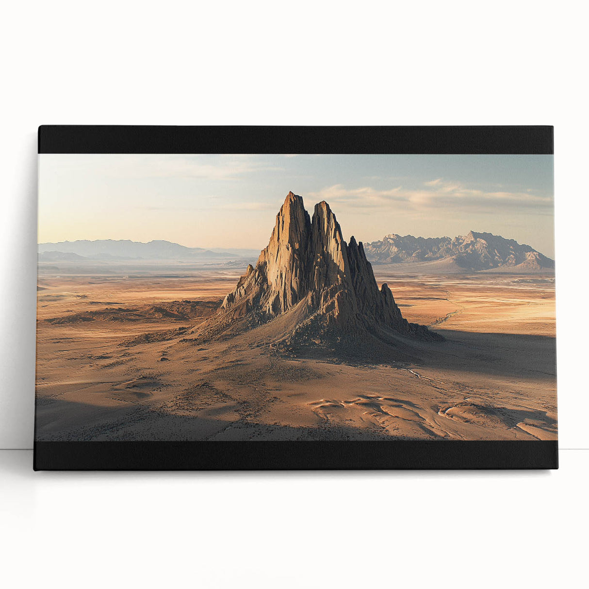 Desert landscape stretched canvas art piece showcasing warm tones of orange and brown, capturing the essence of arid terrain, perfect for modern home decor.