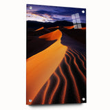 Acrylic glass artwork depicting a serene sand dune landscape, showcasing soft, flowing lines and warm earthy tones, mounted with stylish pins for display.