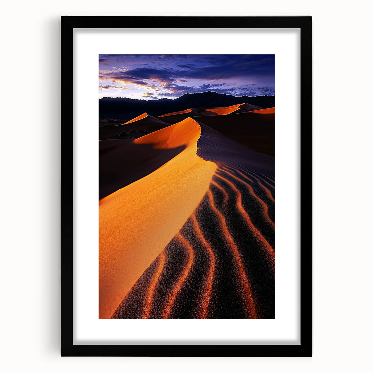 Black-framed landscape artwork featuring serene sand dunes under a clear blue sky, elegantly displayed with a white mat, perfect for modern decor.