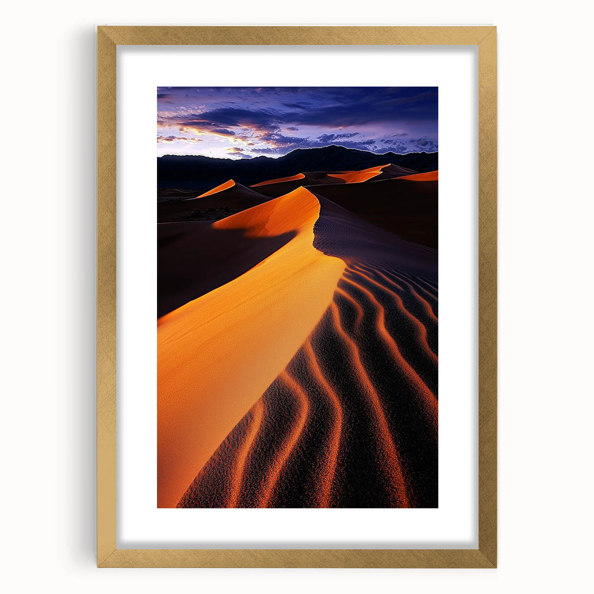 Elegant gold-framed landscape artwork depicting serene sand dunes at sunset, featuring a soft color palette of warm beige and golden hues, perfect for home decor.