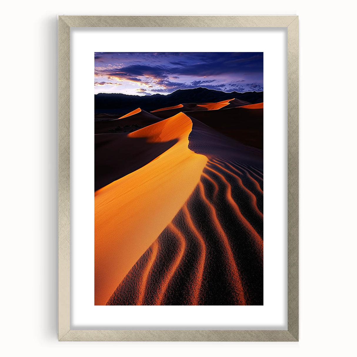 Silver-framed landscape artwork depicting serene sand dunes, elegantly displayed with a mat border, perfect for enhancing modern home decor with a natural touch.