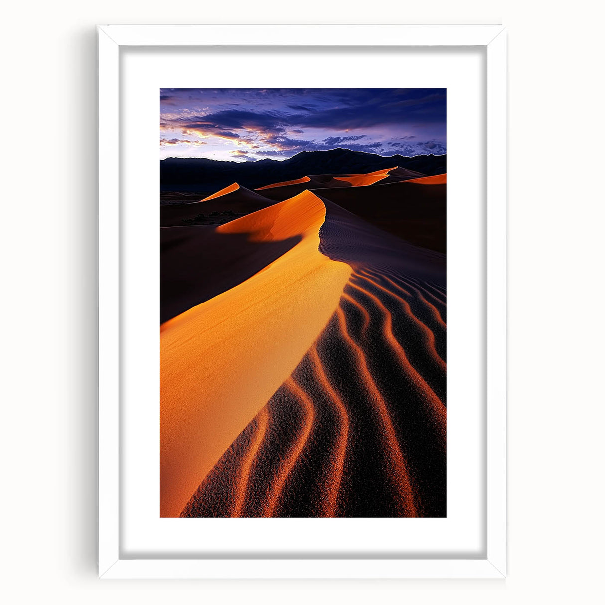 Framed landscape art print showcasing serene sand dunes against a blue sky, highlighted by a white mat for an elegant finish, ideal for home decor.