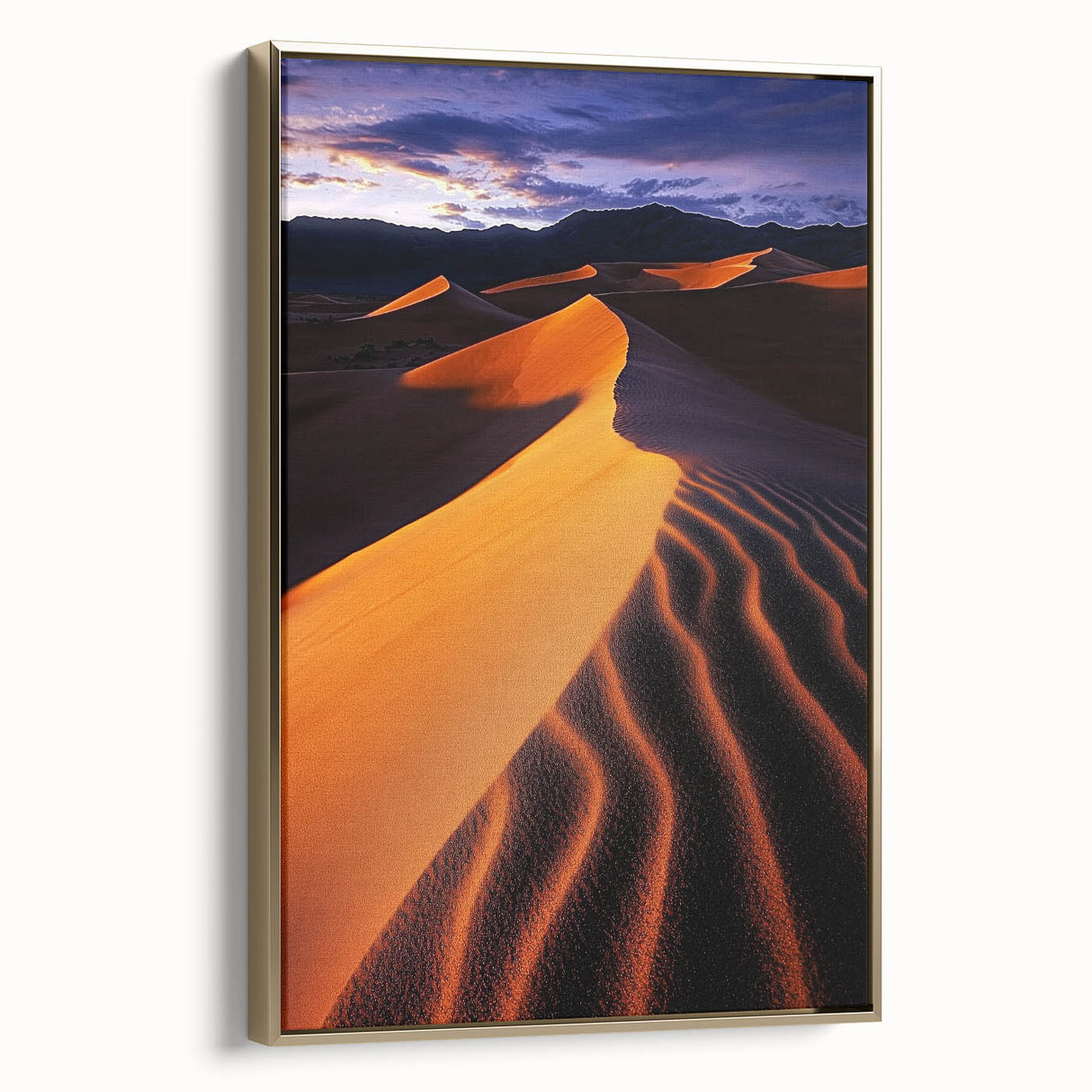 Framed canvas art depicting serene desert dunes in soft gold tones, showcasing intricate textures and details, ideal for modern home decor.