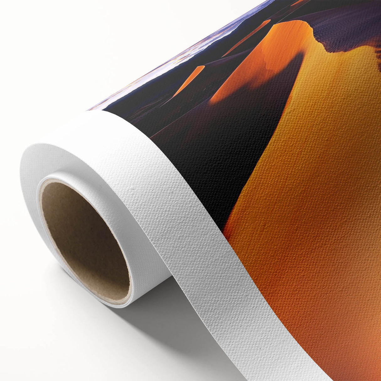Rolled canvas artwork showcasing a serene desert landscape with gentle sand dunes, featuring warm tones of beige and gold, elegantly packaged for display or gifting.