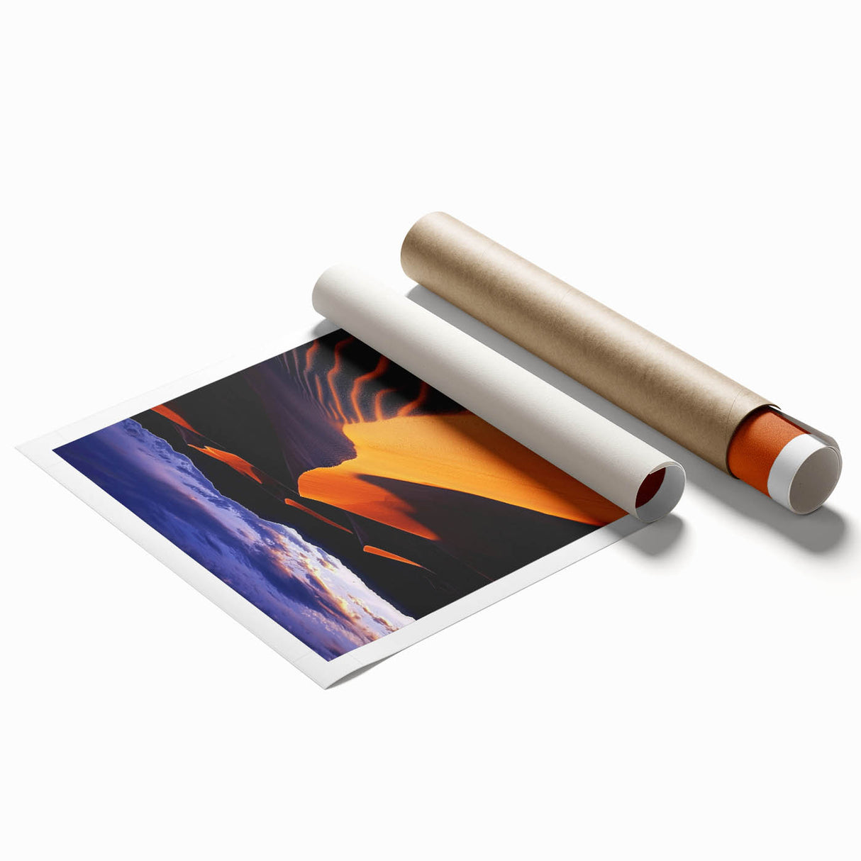 Desert landscape rolled canvas print showcasing soft, undulating sand dunes in warm beige and golden hues, packaged securely in a protective cardboard tube for easy transport.