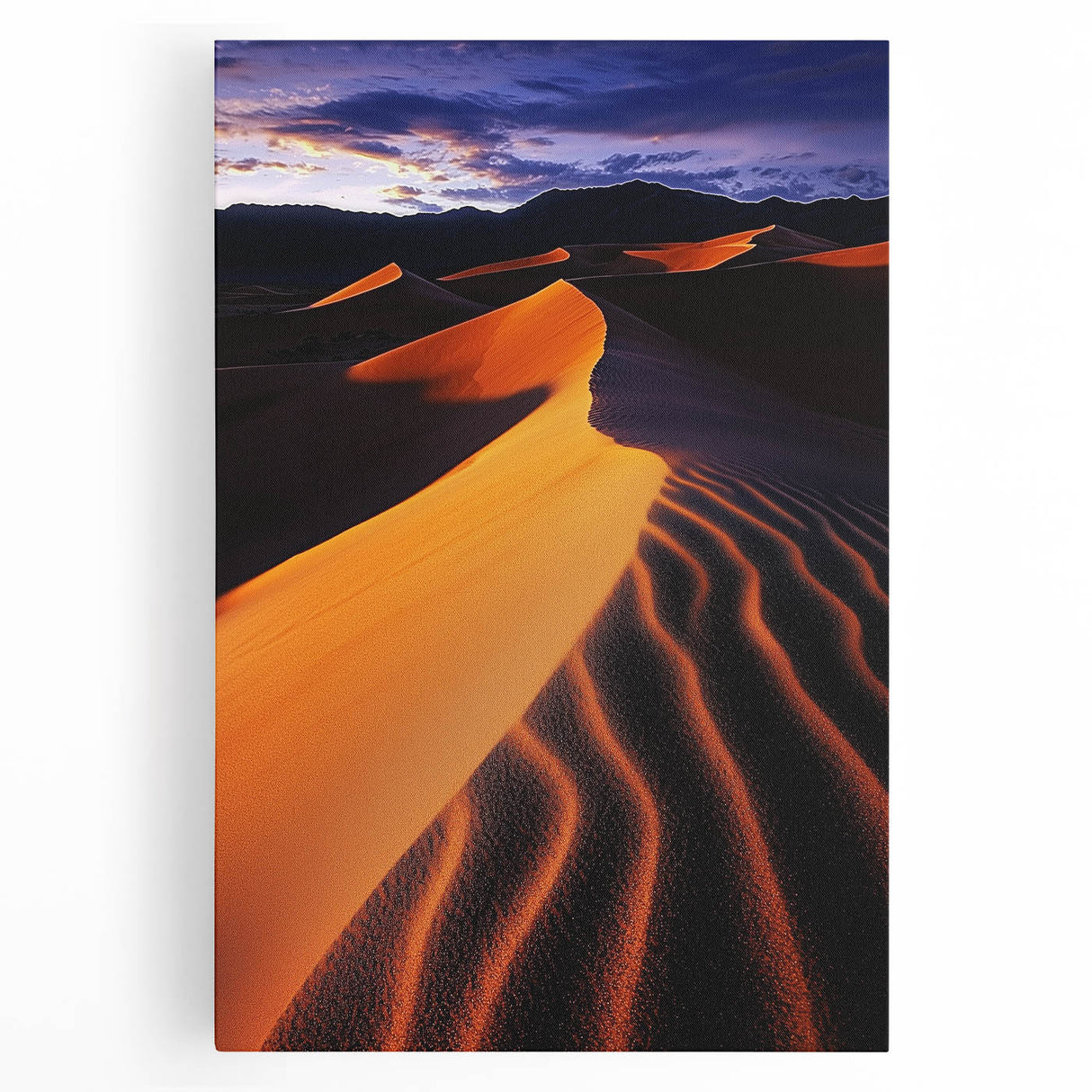 Stretched canvas artwork showcasing a serene desert landscape with rolling sand dunes under a clear blue sky, perfect for adding a tranquil touch to home decor.