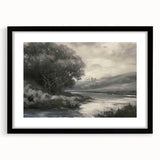 Black-framed landscape artwork featuring a scenic view with a white mat, designed for modern home decor, showcasing vibrant colors and intricate details.