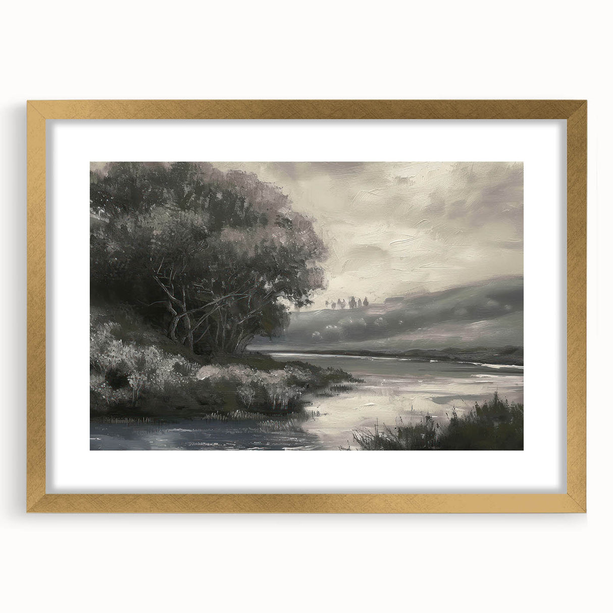 Elegant gold-framed landscape artwork with a mat, showcasing serene natural scenery. Perfect for home decor, adding a touch of luxury and style to any space.