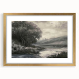 Elegant gold-framed landscape artwork with a mat, showcasing serene natural scenery. Perfect for home decor, adding a touch of luxury and style to any space.