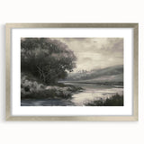 Silver-framed landscape artwork with a mat, showcasing vibrant natural scenery, ideal for home décor or office spaces, enhancing aesthetic appeal and style.