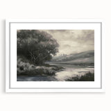 White-framed landscape print with a mat, showcasing a serene nature scene, ideal for home decor. Perfect for enhancing living spaces with a calming aesthetic.