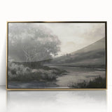 Framed acrylic landscape art with gold accents, showcasing serene mountain scenery and lush greenery, ideal for modern home decor. Perfect for adding elegance to any living space.