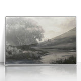 Framed acrylic landscape artwork featuring vibrant colors and intricate details, set in a modern white frame, perfect for home decor and enhancing living spaces.