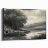 Framed canvas artwork showcasing a serene landscape in rich, vibrant colors, set against a sleek black frame, ideal for modern home decor.