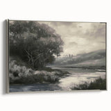 Framed canvas artwork showcasing an elegant landscape design with a silver frame, highlighting intricate details and vibrant colors, perfect for home decor.