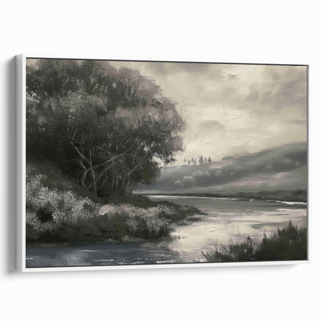 Framed canvas artwork showcasing a vibrant landscape scene in rich colors, displayed with a sleek white frame from a side view, perfect for home decor.