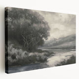Stretched canvas artwork showcasing a vibrant landscape design with rich colors and intricate details, ideal for home decor or art enthusiasts, viewed from the side.