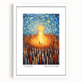 Abstract art print depicting a swirling pattern of vibrant blues and yellows on a framed canvas.