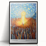 Large abstract wall art featuring swirling blue and yellow patterns, framed in black acrylic.