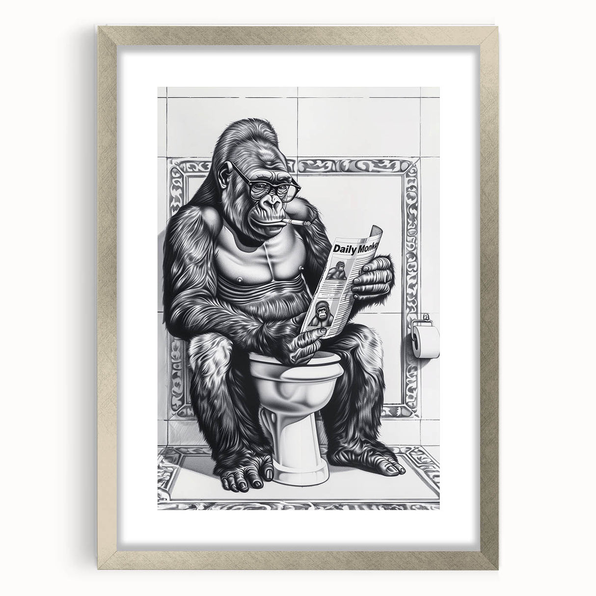 Gorilla Bathroom Wall Art - Quirky Black and White Decor