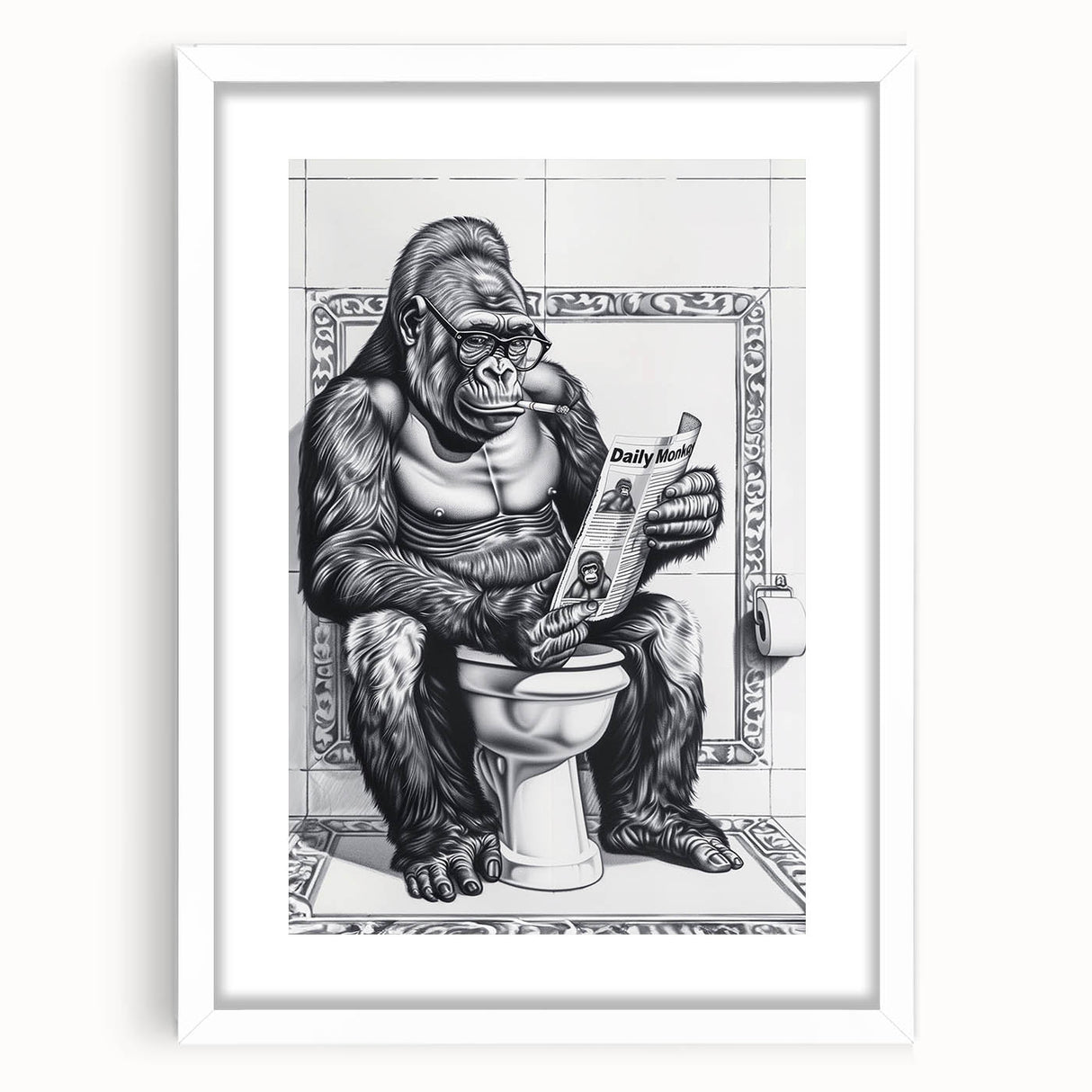 Gorilla Bathroom Wall Art - Quirky Black and White Decor