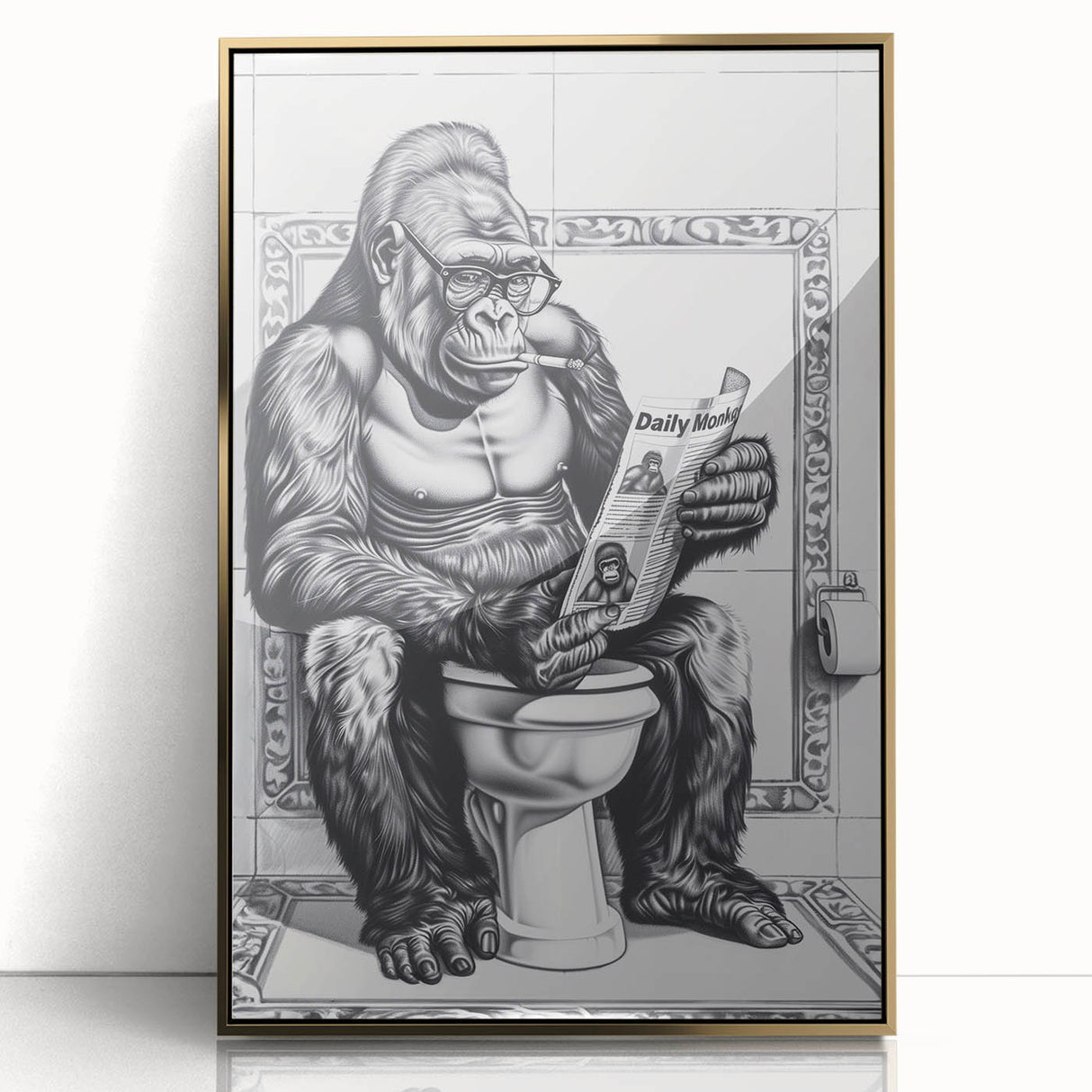 Gorilla Bathroom Wall Art - Quirky Black and White Decor