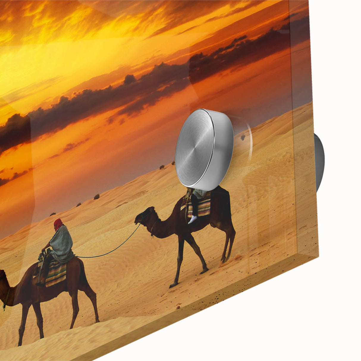 Large abstract wall art depicting Moroccan scenery in muted earth tones on acrylic glass, ideal for dining room ambiance.