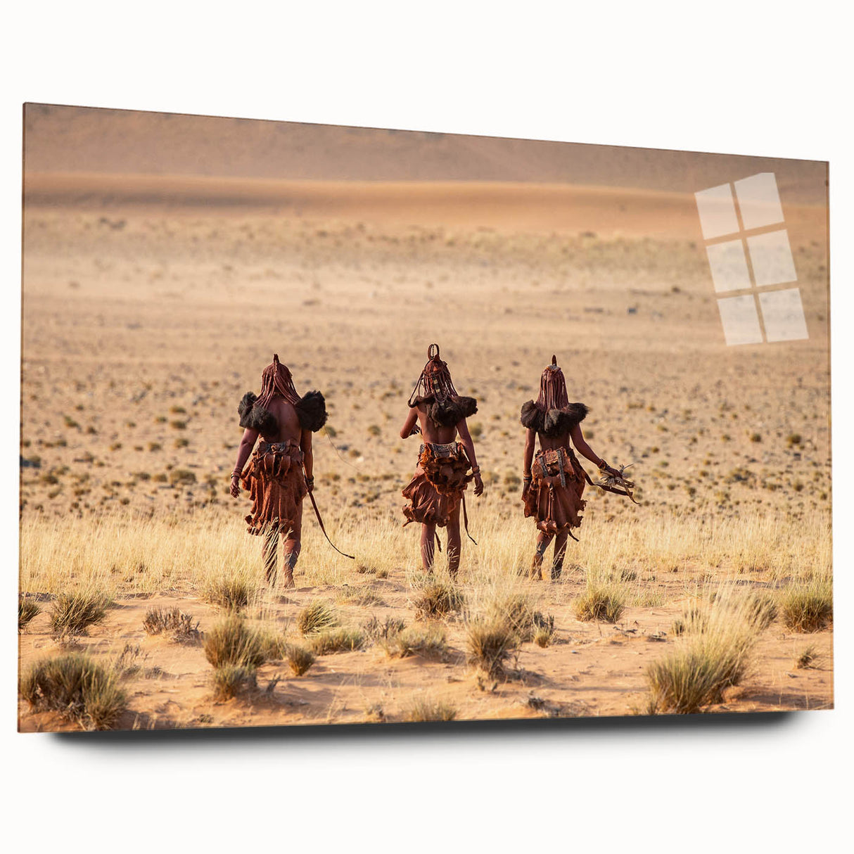 Large abstract wall art depicting a serene Namibian landscape in earth tones on acrylic glass.