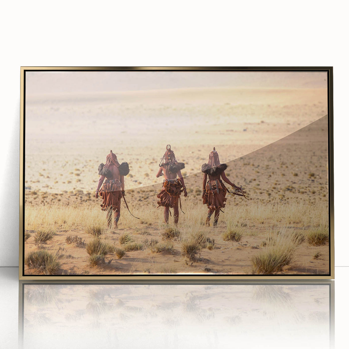 Mid-century modernist art depicting the Namibian desert in acrylic, framed in gold, suitable for modern art wall decor.