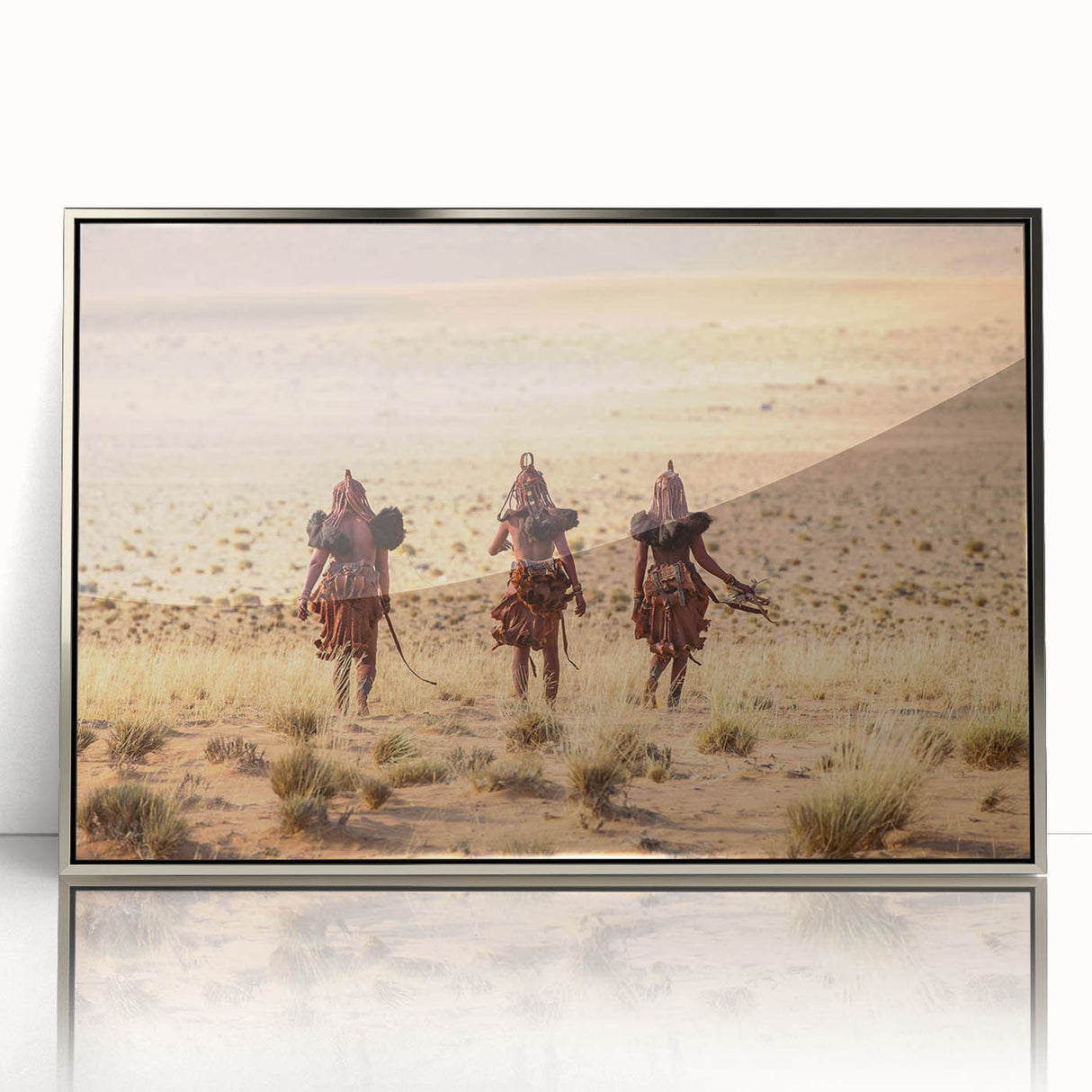 Art deco poster featuring a vibrant African scenery in Namibia, rendered on a framed acrylic with silver accents.