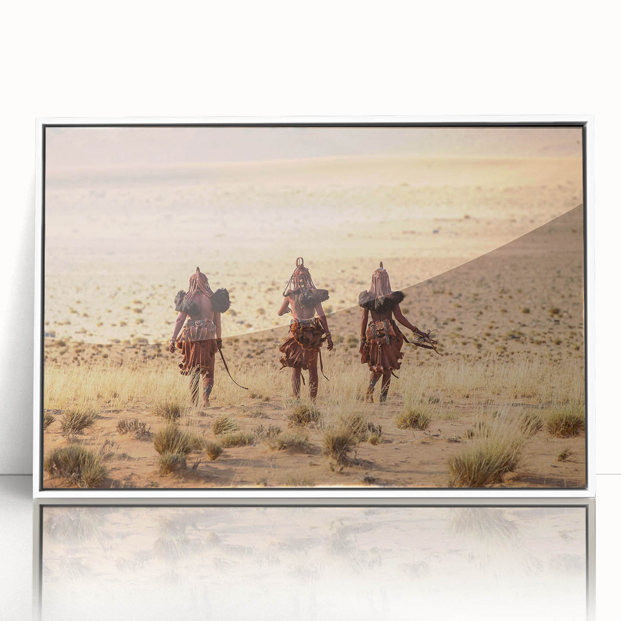 Large art print of a Namibian landscape in muted earth tones, framed in white acrylic, suitable for modern home decor.