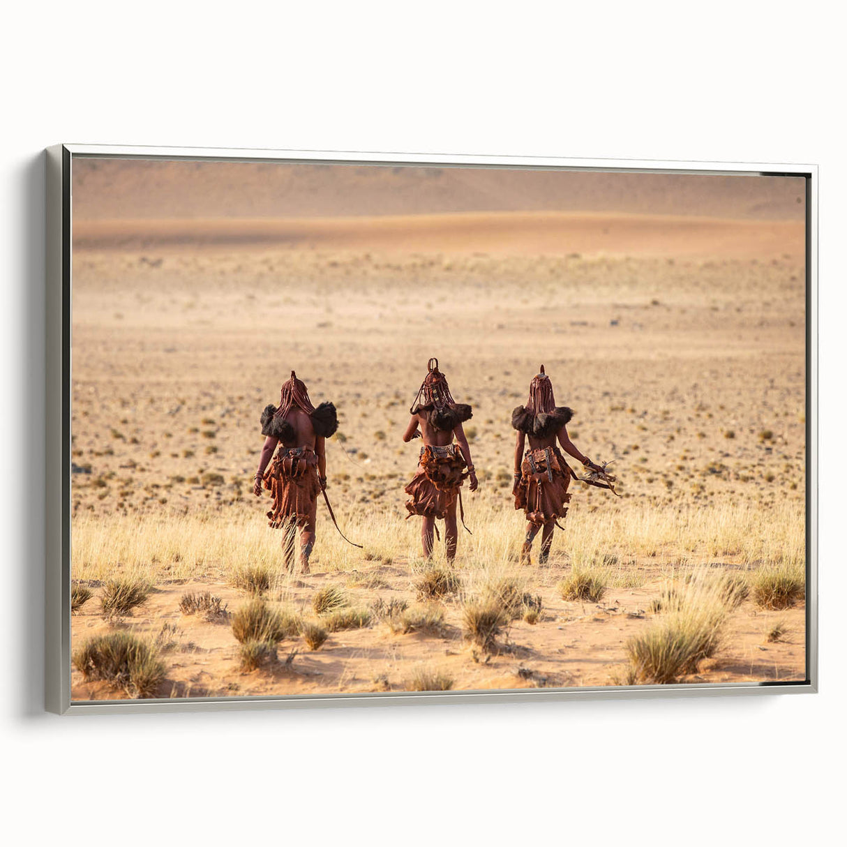 Vintage poster art of a Namibian landscape on a framed canvas, featuring a palette of earth tones.