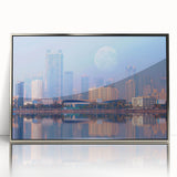 Mid-century modernist art depicting an Asian landscape in muted earth tones, framed acrylic, ideal for nursery wall decor.