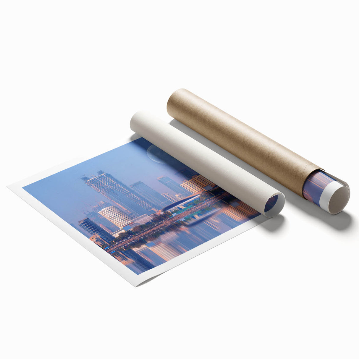 Extra large rolled print of Asian scenery with floral elements in earthy tones.