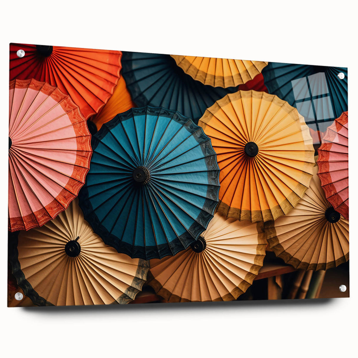 Acrylic print of a Laos landscape in muted green and blue tones, ideal for dining room decor.
