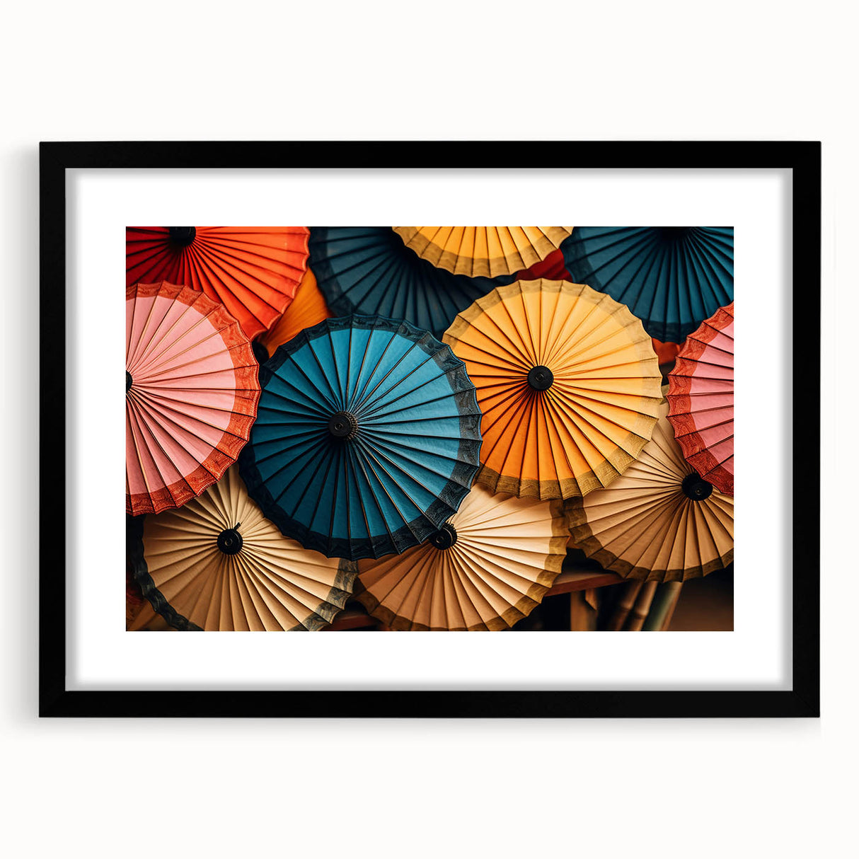 Extra large abstract art print of a colorful, textured Asian scenery on a black framed canvas, ideal for living room decor.