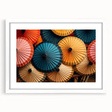 Abstract art print featuring a stylized Laos scenery in muted earth tones on a white framed mat.