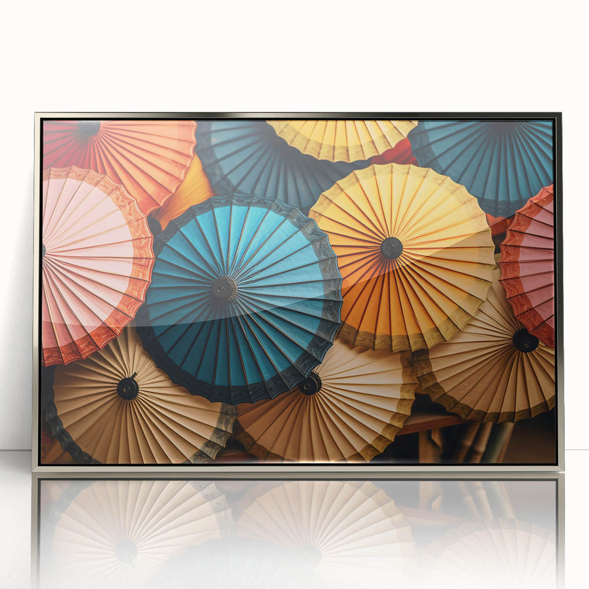 Mid-century modernist art depicting a Laos landscape in soft pastel colors on a framed acrylic print.