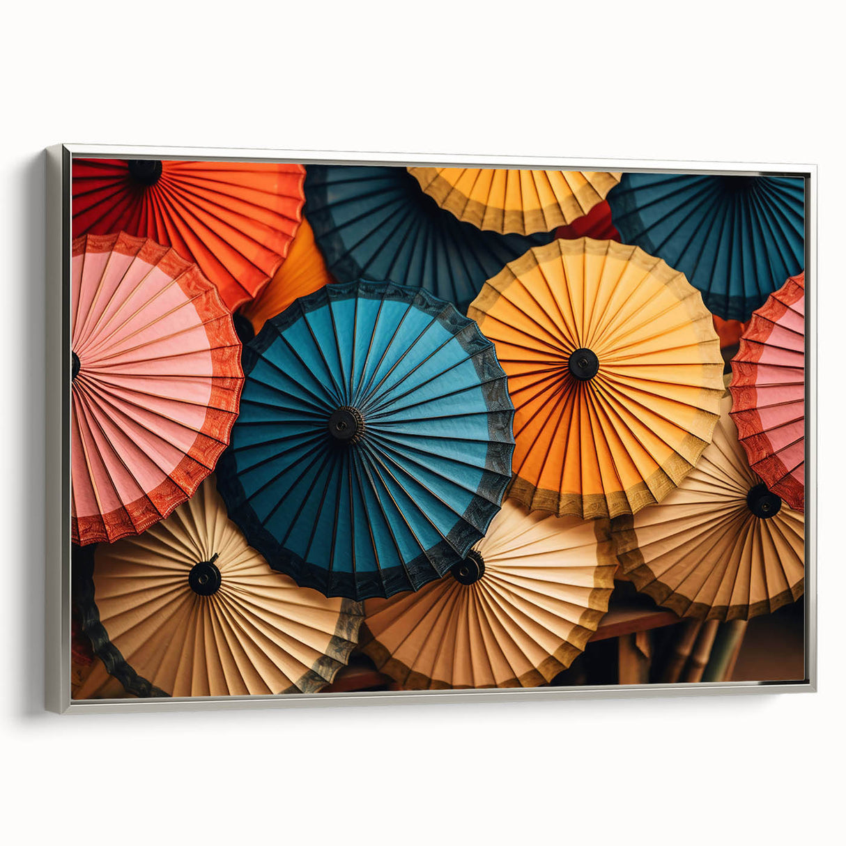 Landscape art painting of a scenic view in Laos on a framed canvas, featuring vibrant colors against a black background.