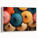 Vintage poster art of a Laos scenery on a framed canvas, featuring vibrant, colorful imagery, ideal for living room decor.