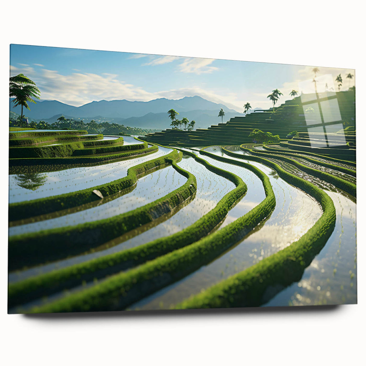 Large abstract wall art depicting a serene Philippine landscape in muted green and blue tones, acrylic glass.