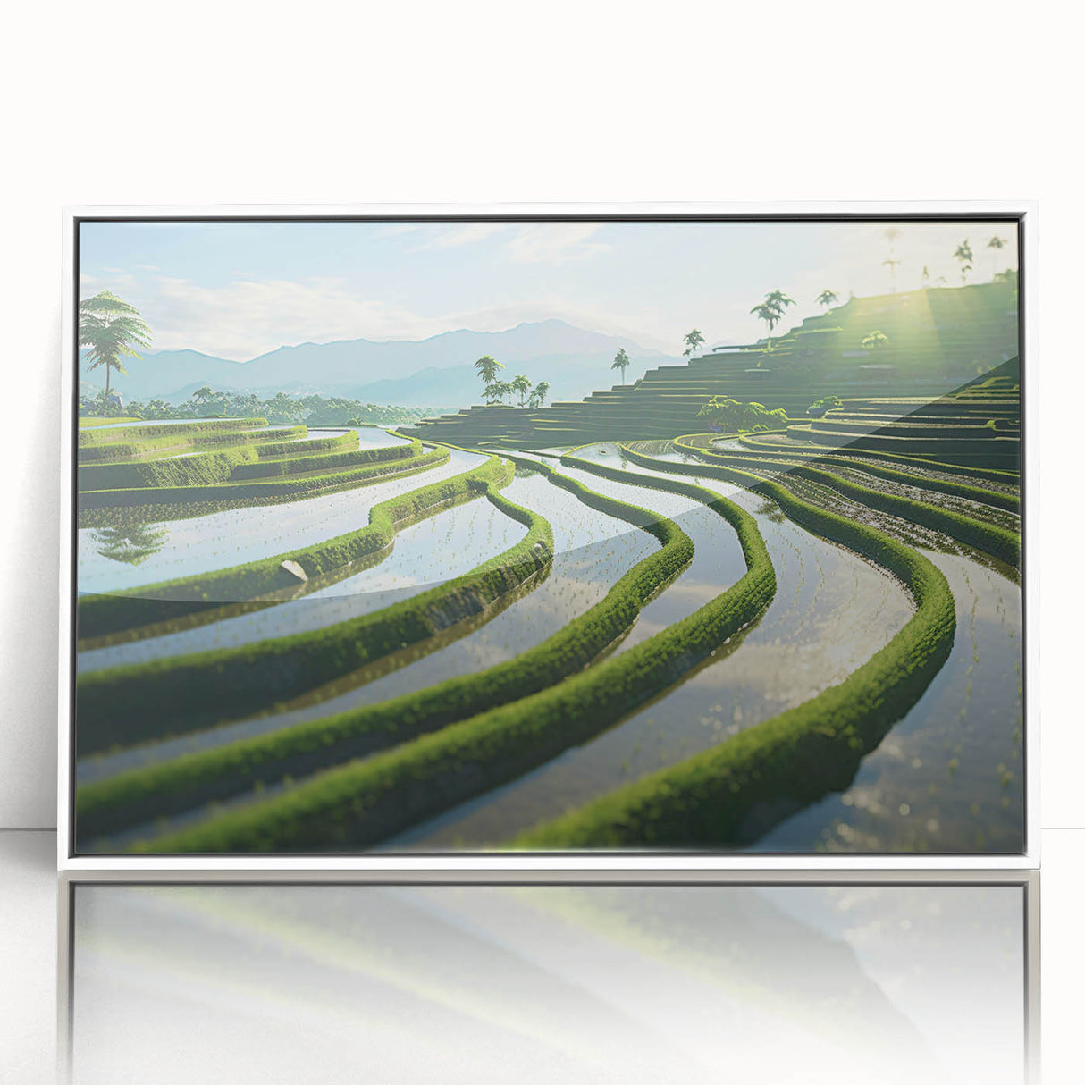 Acrylic print of a serene Philippine landscape in muted green and blue tones, framed in white.