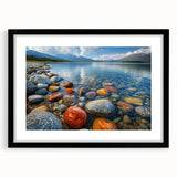 Abstract art print featuring textured, colorful art of Yukon scenery in a black frame, ideal for living room decor.