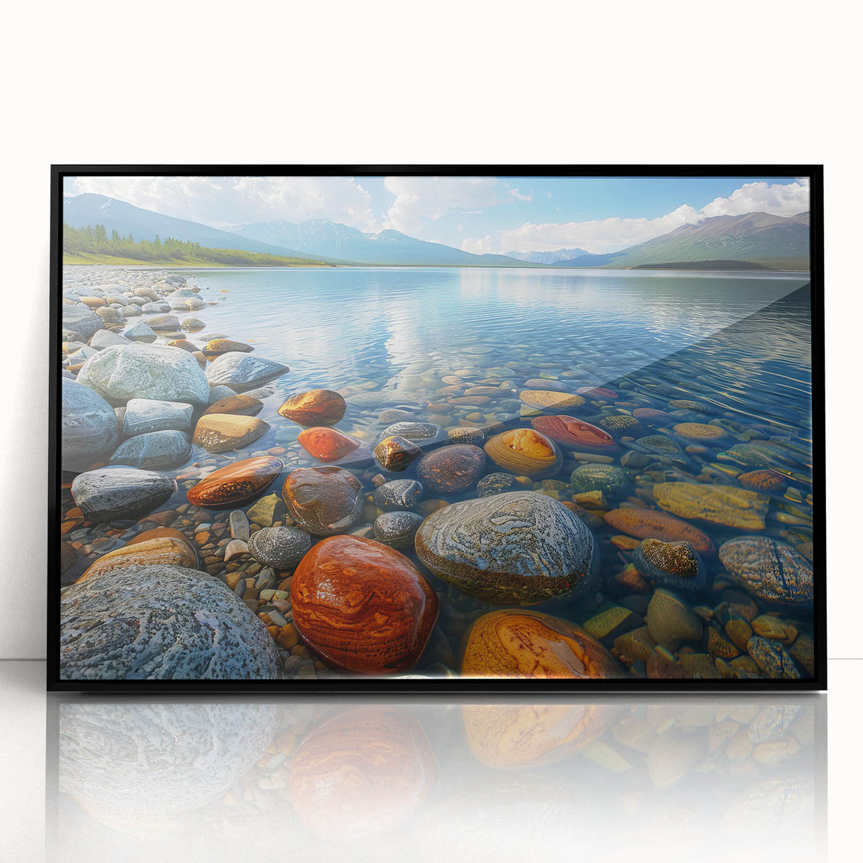 Large abstract wall art featuring a muted color palette of the Yukon scenery in a black framed acrylic print.