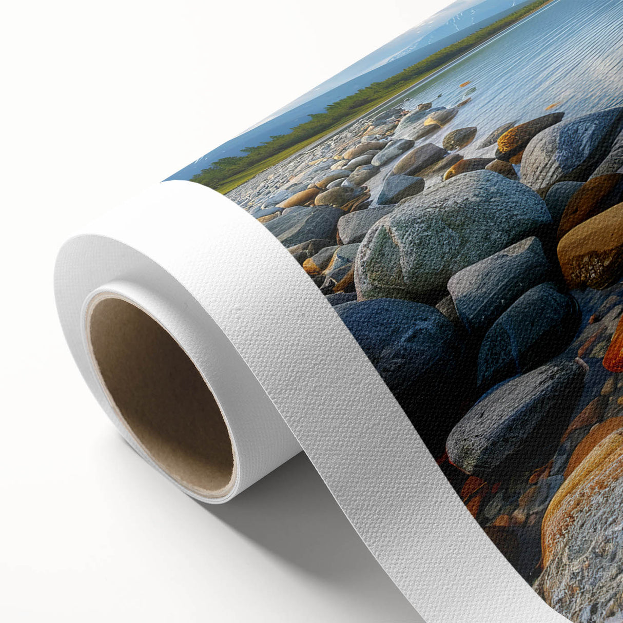 Art deco poster of Yukon scenery on rolled canvas, featuring muted earth tones, ideal for nursery wall art.