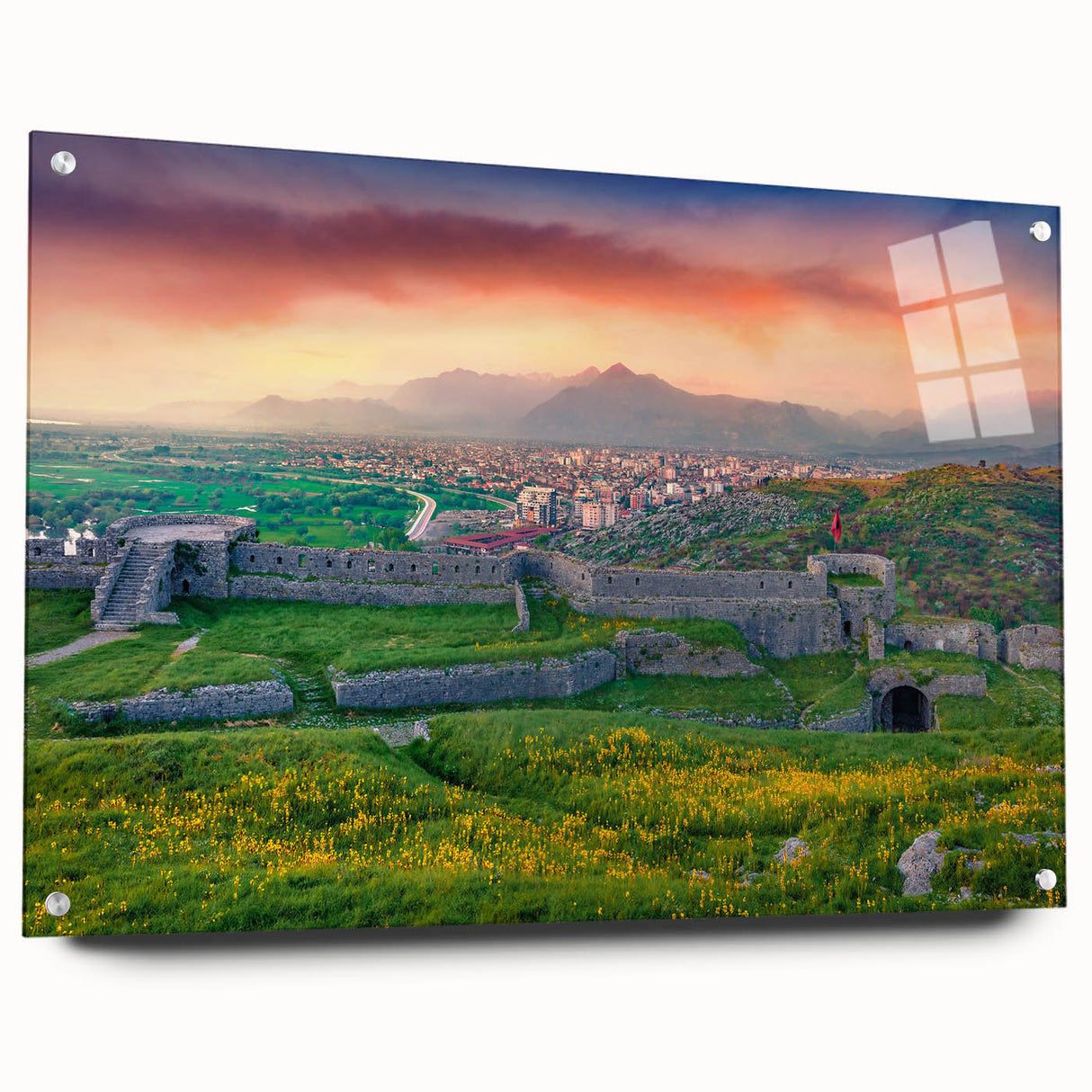 Acrylic print of a large abstract depiction of a European scenery in muted earth tones, ideal for dining room decor.