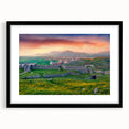Colorful abstract art print of a European scenery in vibrant hues on a textured, extra large canvas.