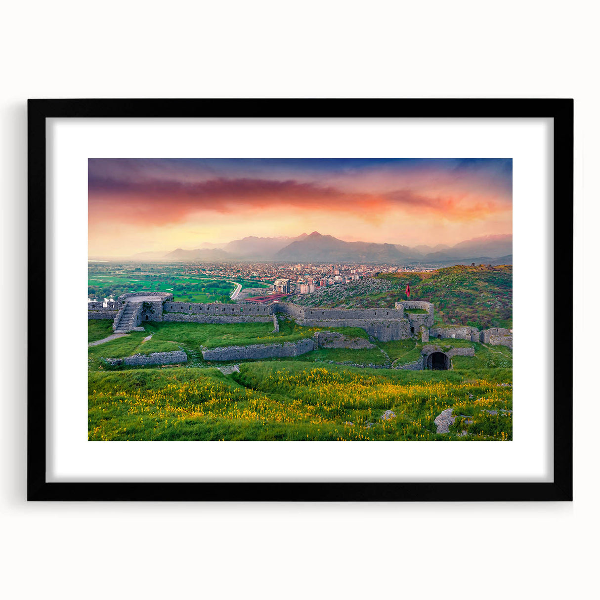 Colorful abstract art print of a European scenery in vibrant hues on a textured, extra large canvas.